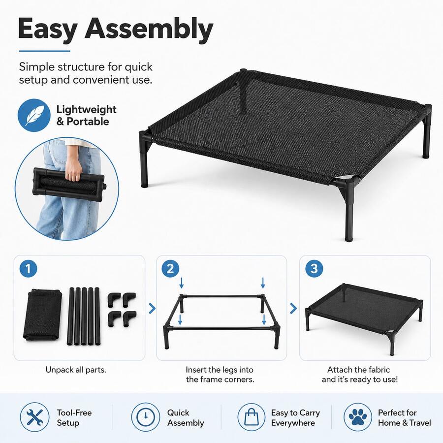 Black elevated dog bed featuring breathable mesh cooling cot design for dogs and cats