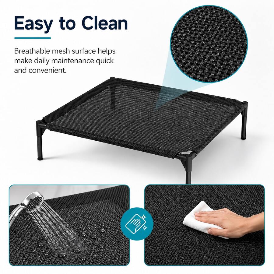 Black elevated dog bed featuring breathable mesh cooling cot design for dogs and cats