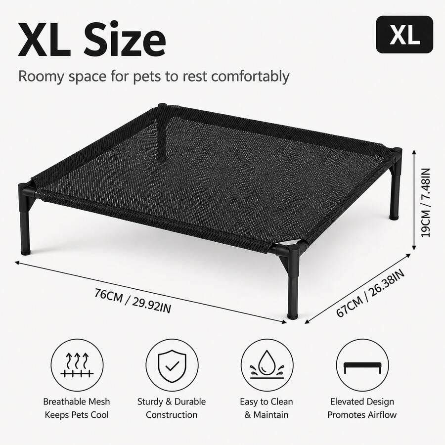 Black elevated dog bed featuring breathable mesh cooling cot design for dogs and cats