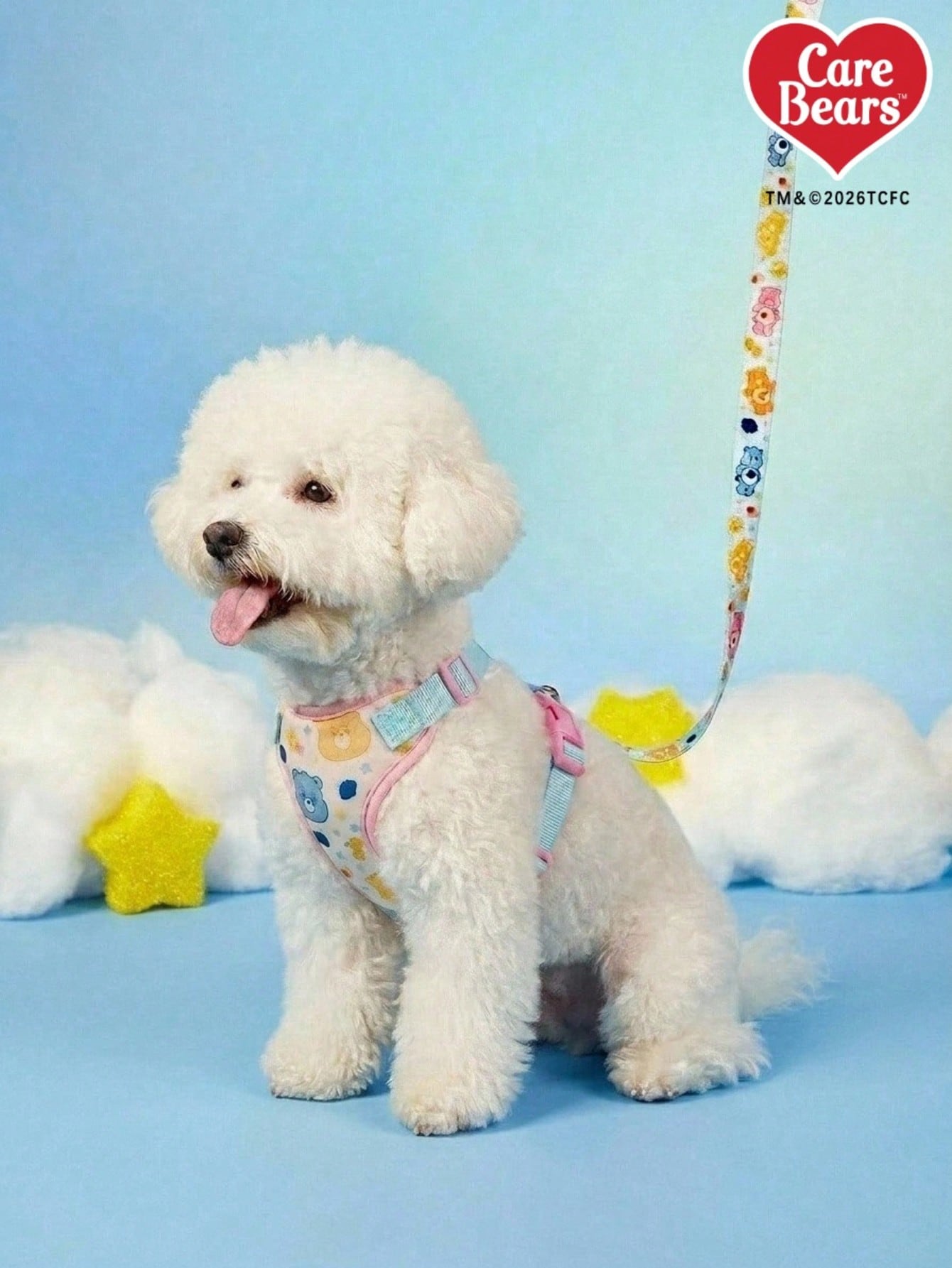 Baby blue polyamide dog harness with cartoon love bear print, breathable mesh chest and back design, adjustable straps, and buckle closure for small dogs.