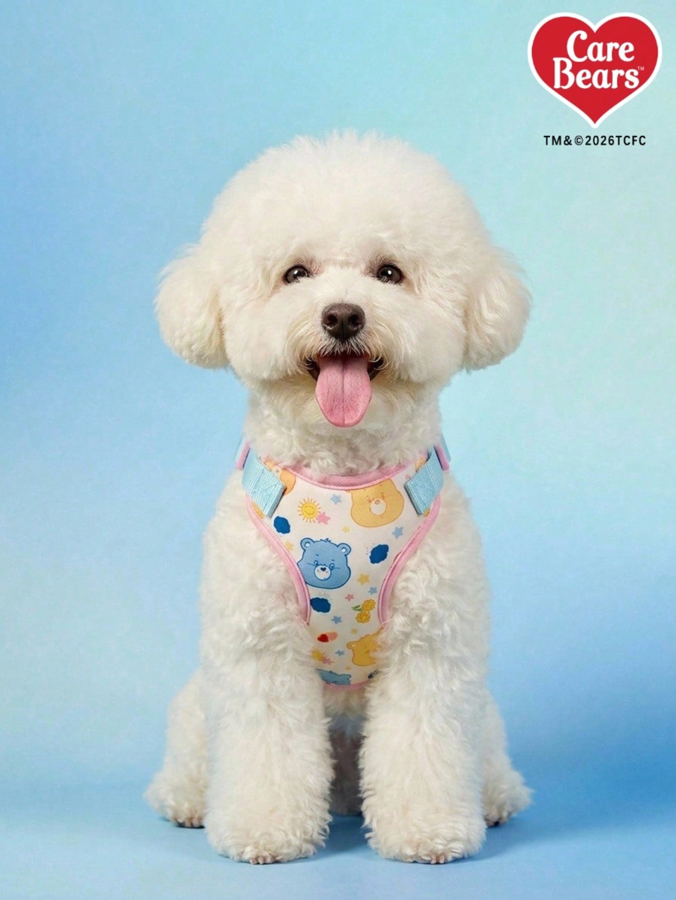 Baby blue polyamide dog harness with cartoon love bear print, breathable mesh chest and back design, adjustable straps, and buckle closure for small dogs.