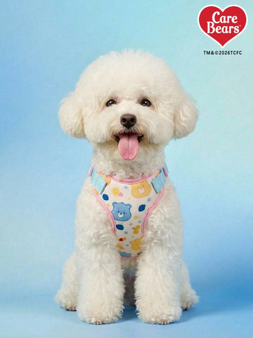 Baby blue polyamide dog harness with cartoon love bear print, breathable mesh chest and back design, adjustable straps, and buckle closure for small dogs.