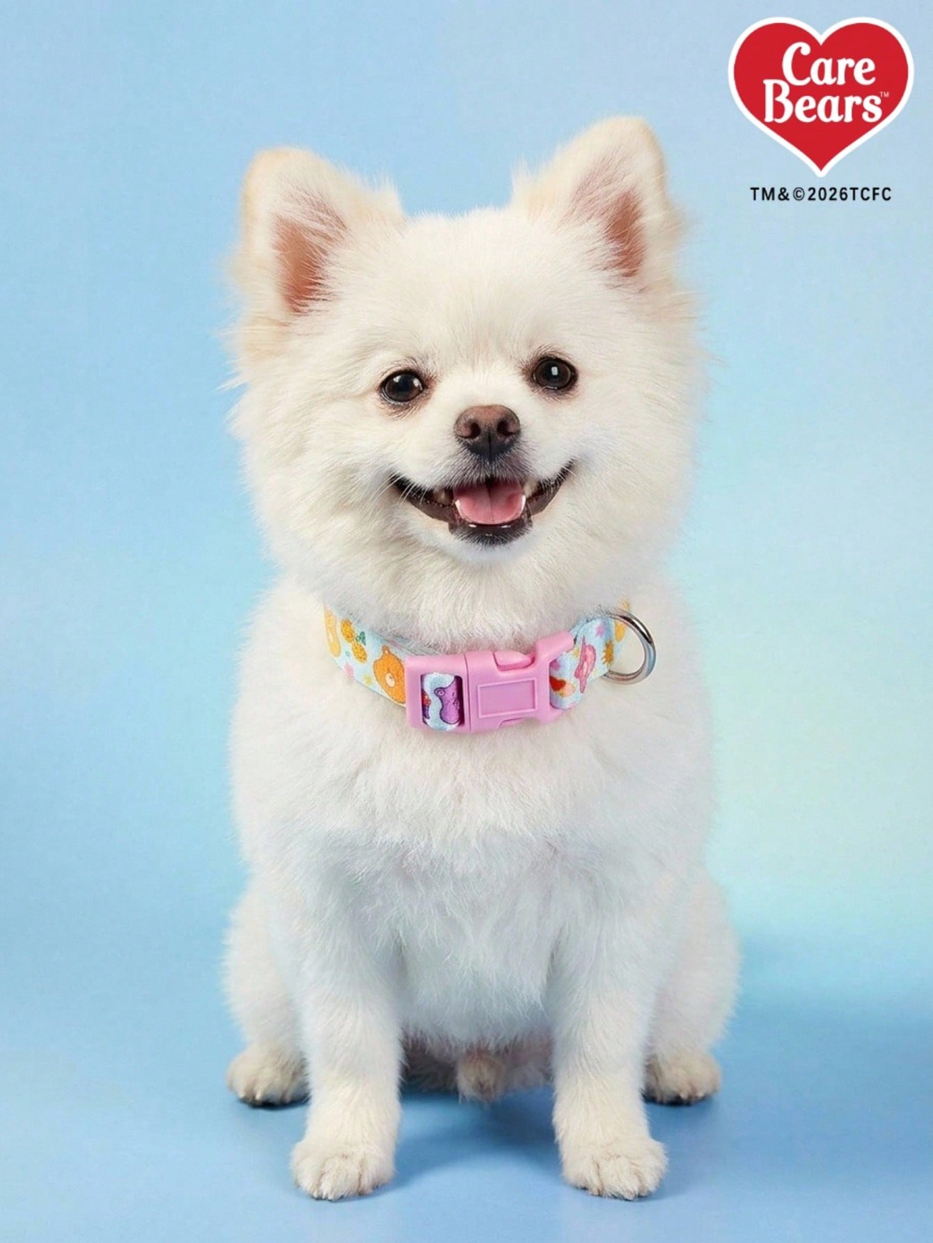 Baby blue dog collar with colorful cartoon bears, hearts, suns, adjustable quick-release buckle, and cute printed design