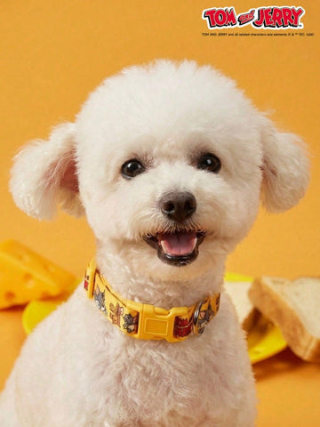 Yellow polyamide dog collar with Halloween cartoon print and quick-release buckle for small and medium dogs
