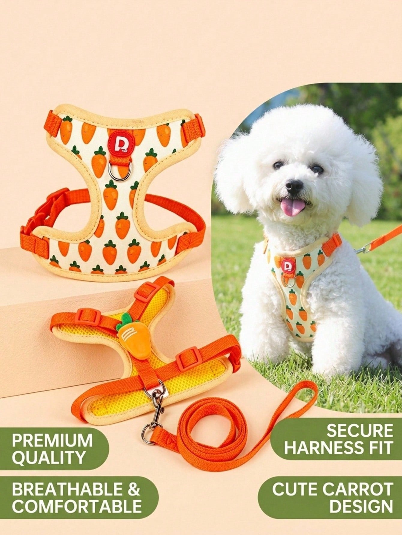 Yellow polyester pet harness and leash set with fruit and vegetable pattern, adjustable vest design for cats and small dogs for outdoor walking.