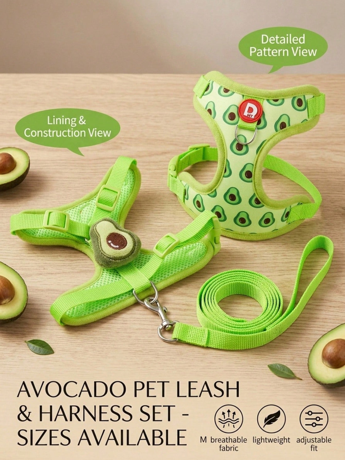 Yellow polyester pet harness and leash set with fruit and vegetable pattern, adjustable vest design for cats and small dogs for outdoor walking.