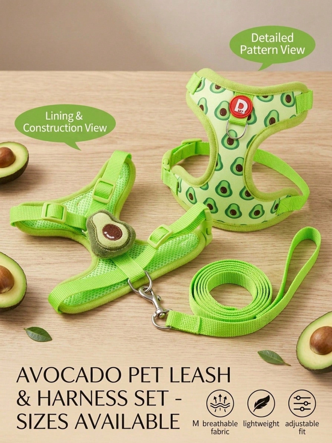Yellow polyester pet harness and leash set with fruit and vegetable pattern, adjustable vest design for cats and small dogs for outdoor walking.