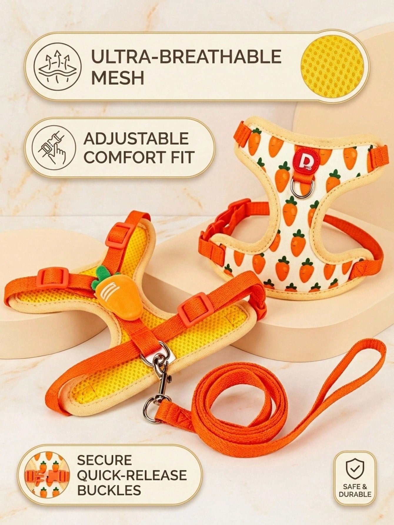 Yellow polyester pet harness and leash set with fruit and vegetable pattern, adjustable vest design for cats and small dogs for outdoor walking.