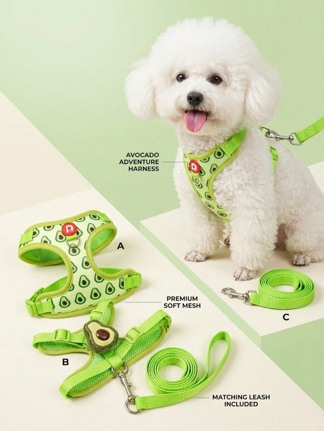 Yellow polyester pet harness and leash set with fruit and vegetable pattern, adjustable vest design for cats and small dogs for outdoor walking.