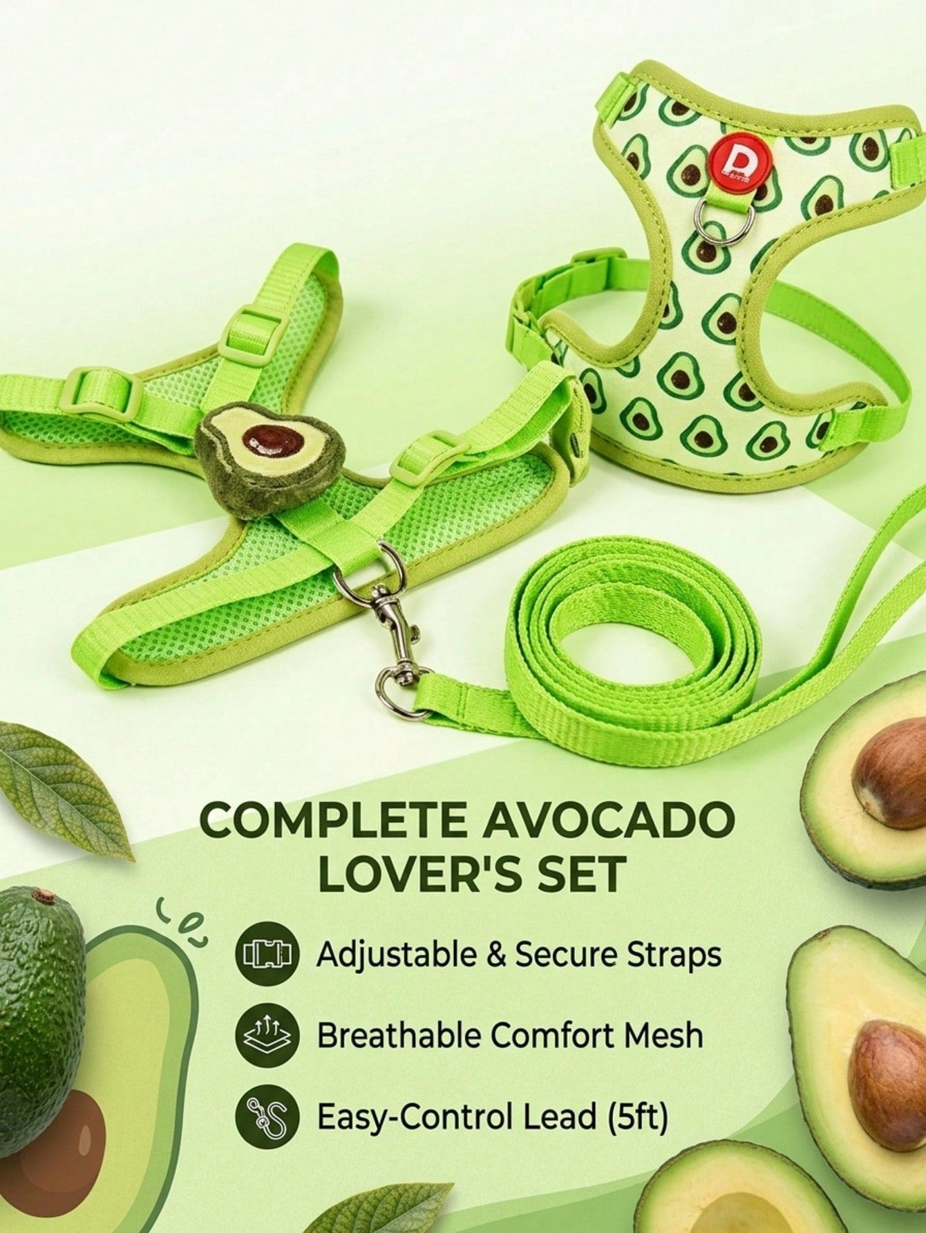 Yellow polyester pet harness and leash set with fruit and vegetable pattern, adjustable vest design for cats and small dogs for outdoor walking.