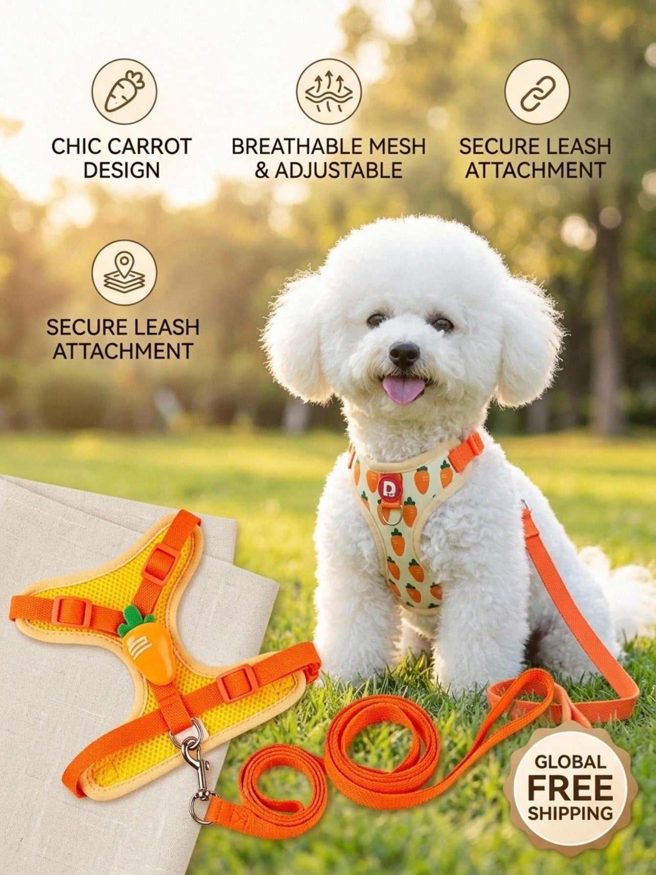 Yellow polyester pet harness and leash set with fruit and vegetable pattern, adjustable vest design for cats and small dogs for outdoor walking.