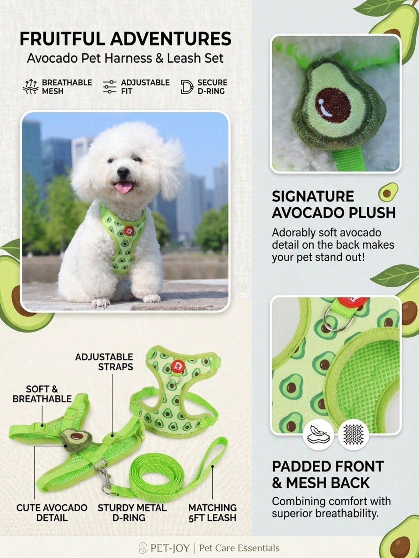 Yellow polyester pet harness and leash set with fruit and vegetable pattern, adjustable vest design for cats and small dogs for outdoor walking.