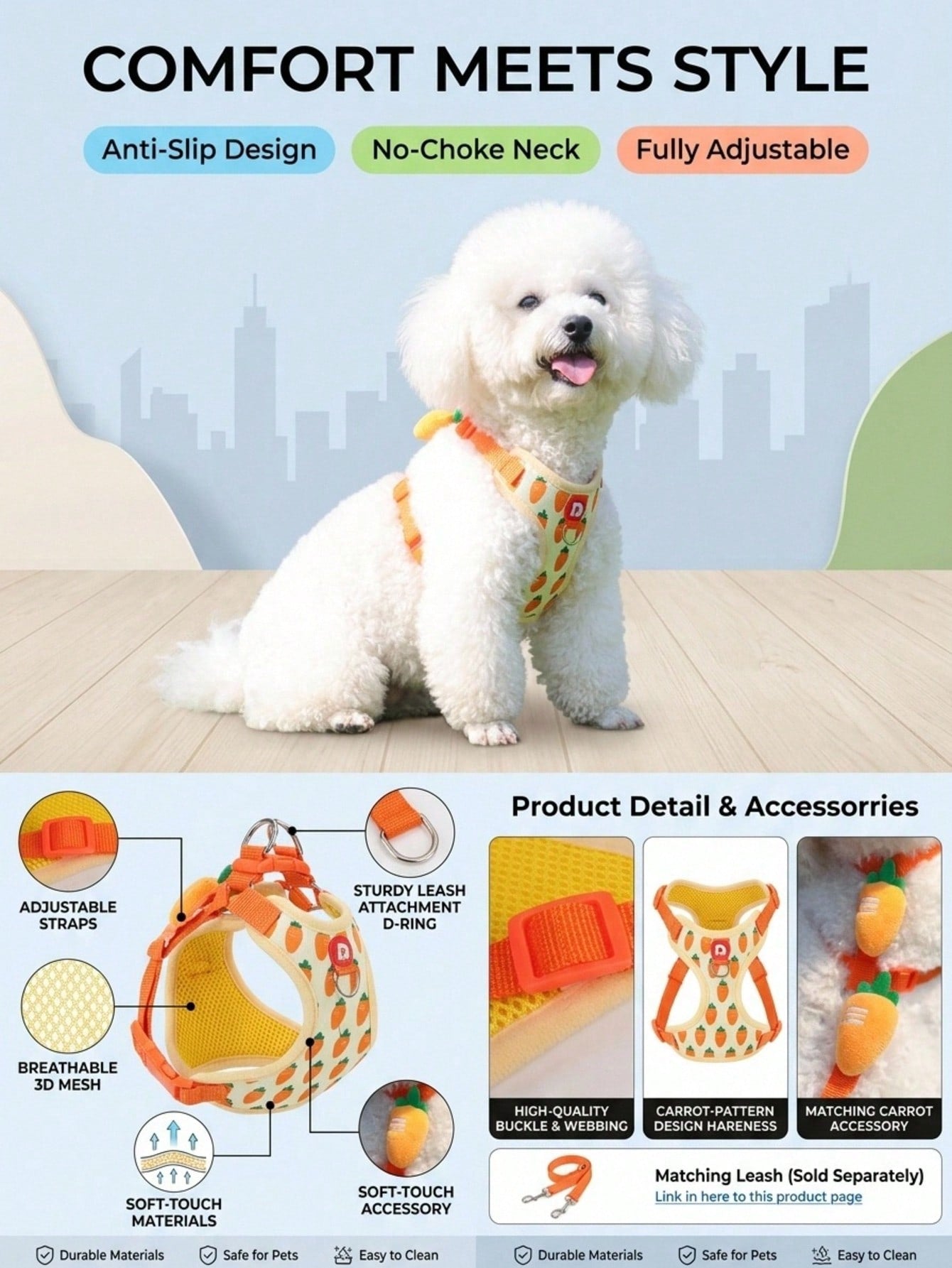 Yellow polyester pet harness and leash set with fruit and vegetable pattern, adjustable vest design for cats and small dogs for outdoor walking.
