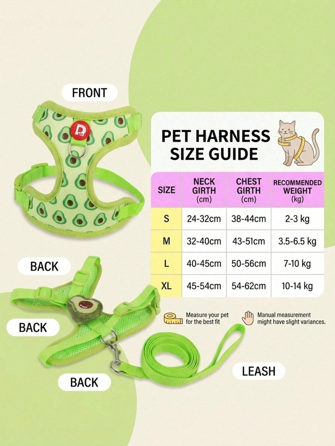 Yellow polyester pet harness and leash set with fruit and vegetable pattern, adjustable vest design for cats and small dogs for outdoor walking.