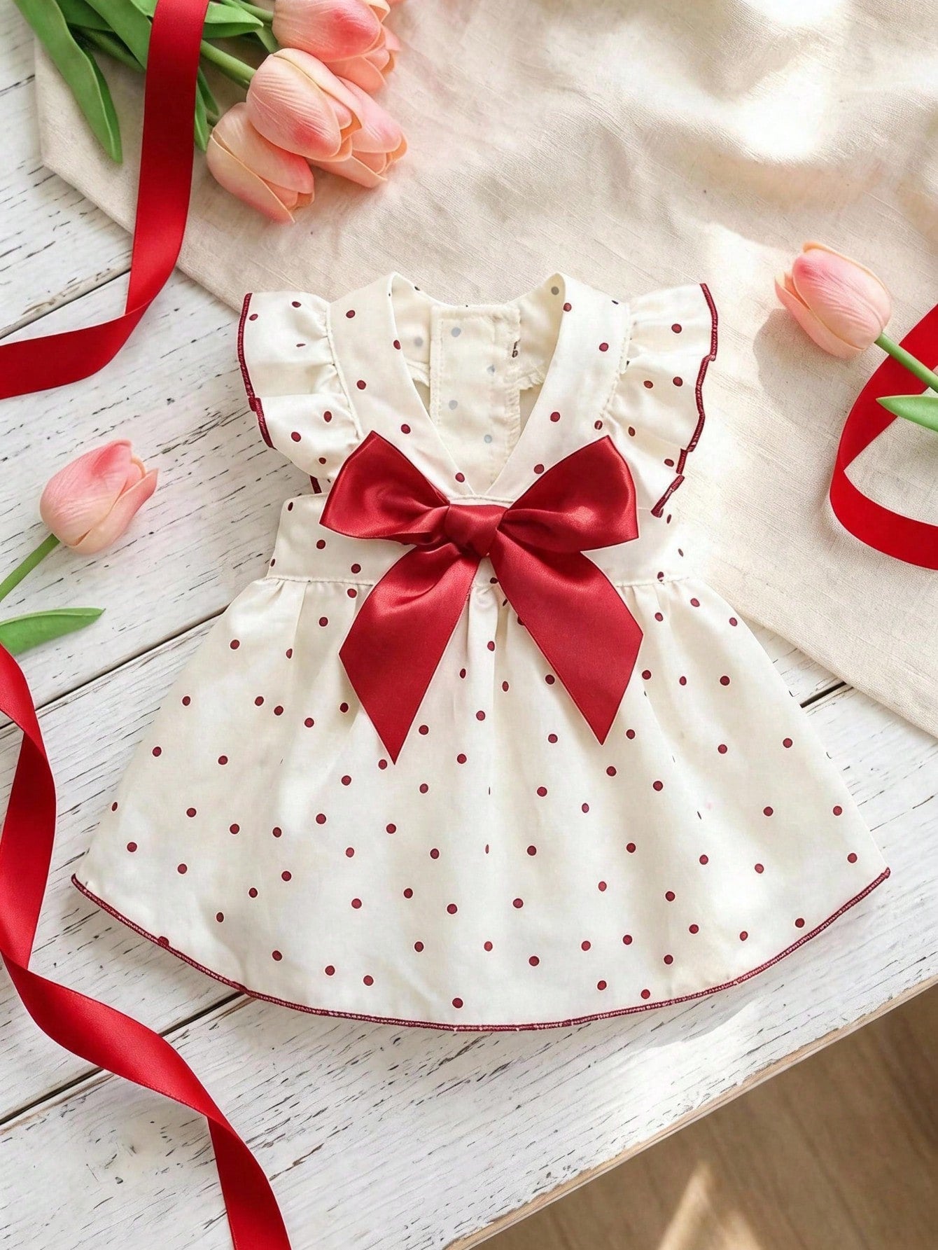 Pet Princess Dress, Red Polka Dot Ruffle Fly Sleeve Dog Dress With Big Satin Bow, Summer Elegant Puppy Cat Outfit For Small Breed Chihuahua Yorkie Birthday Party Clothes
