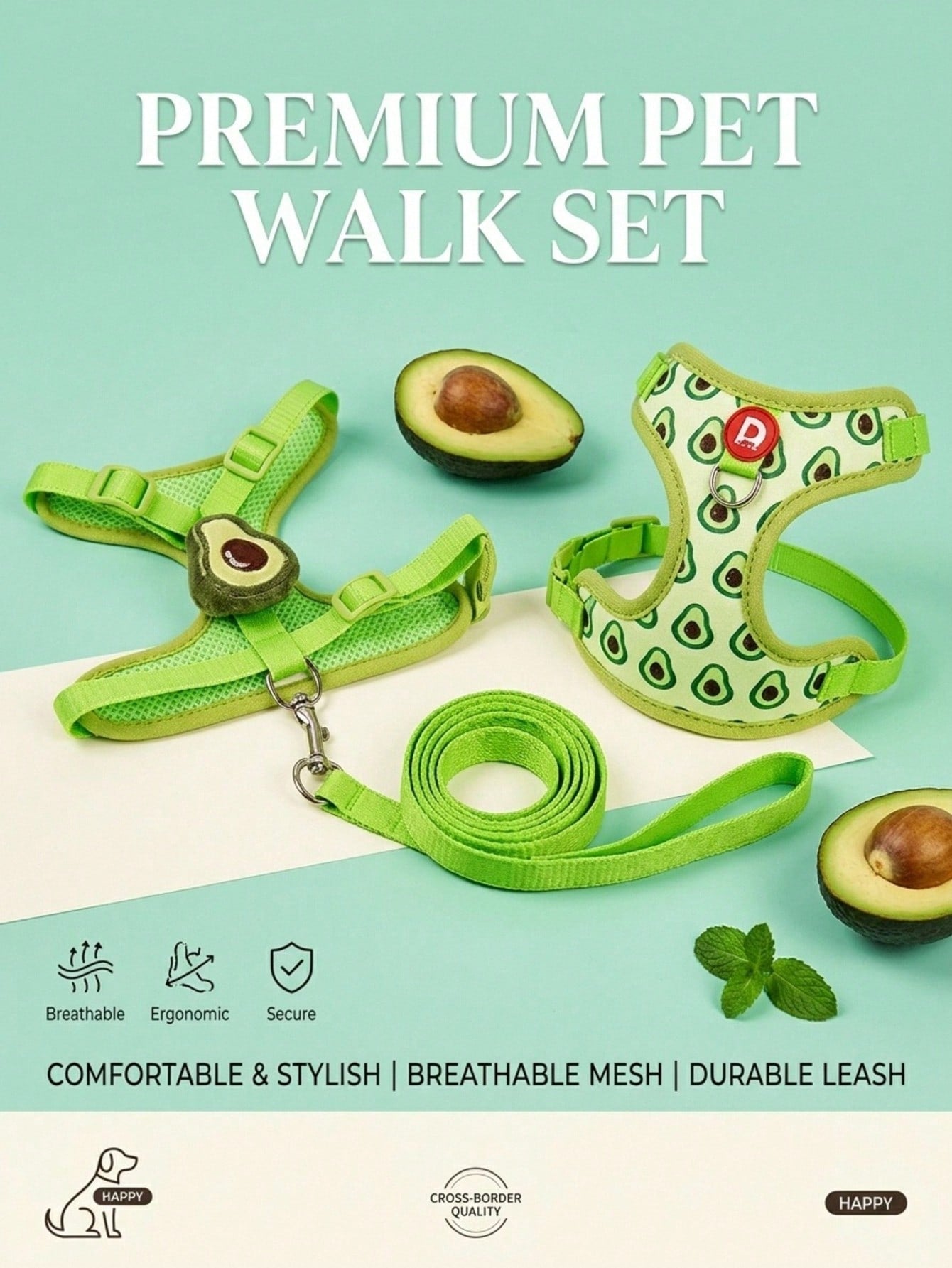 Yellow polyester pet harness and leash set with fruit and vegetable pattern, adjustable vest design for cats and small dogs for outdoor walking.