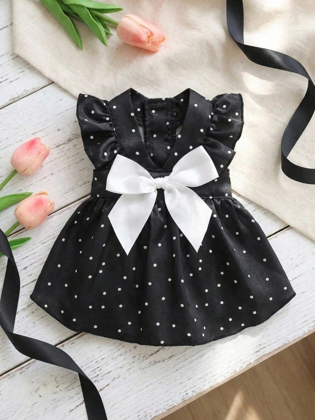 Pet Princess Dress, Red Polka Dot Ruffle Fly Sleeve Dog Dress With Big Satin Bow, Summer Elegant Puppy Cat Outfit For Small Breed Chihuahua Yorkie Birthday Party Clothes