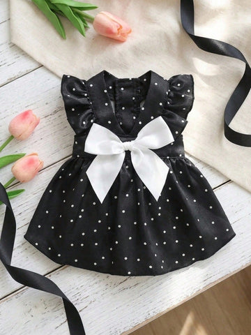 Pet Princess Dress, Red Polka Dot Ruffle Fly Sleeve Dog Dress With Big Satin Bow, Summer Elegant Puppy Cat Outfit For Small Breed Chihuahua Yorkie Birthday Party Clothes