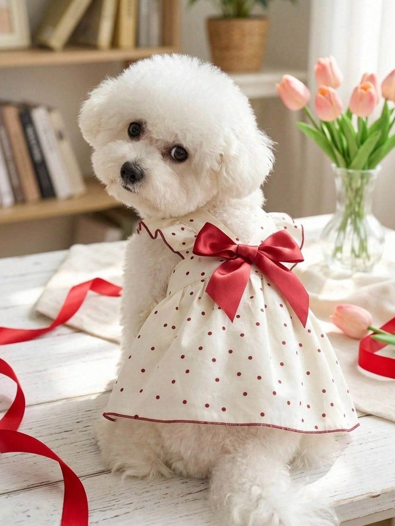 Pet Princess Dress, Red Polka Dot Ruffle Fly Sleeve Dog Dress With Big Satin Bow, Summer Elegant Puppy Cat Outfit For Small Breed Chihuahua Yorkie Birthday Party Clothes