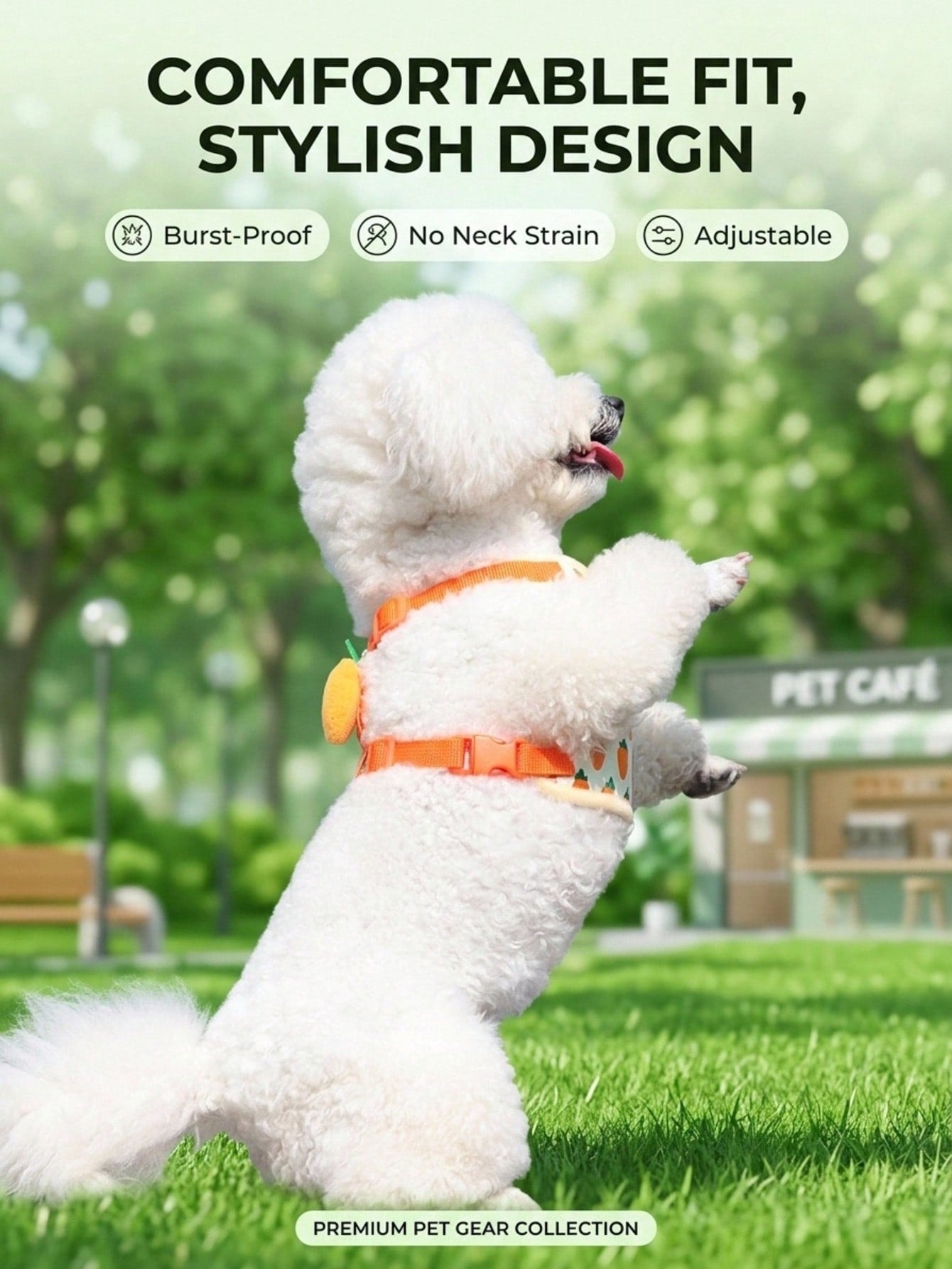 Yellow polyester pet harness and leash set with fruit and vegetable pattern, adjustable vest design for cats and small dogs for outdoor walking.