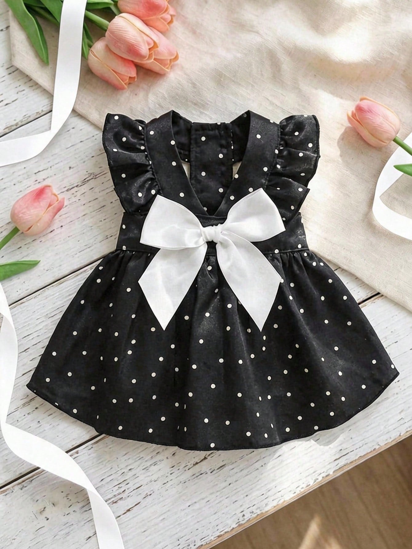 Pet Princess Dress, Red Polka Dot Ruffle Fly Sleeve Dog Dress With Big Satin Bow, Summer Elegant Puppy Cat Outfit For Small Breed Chihuahua Yorkie Birthday Party Clothes
