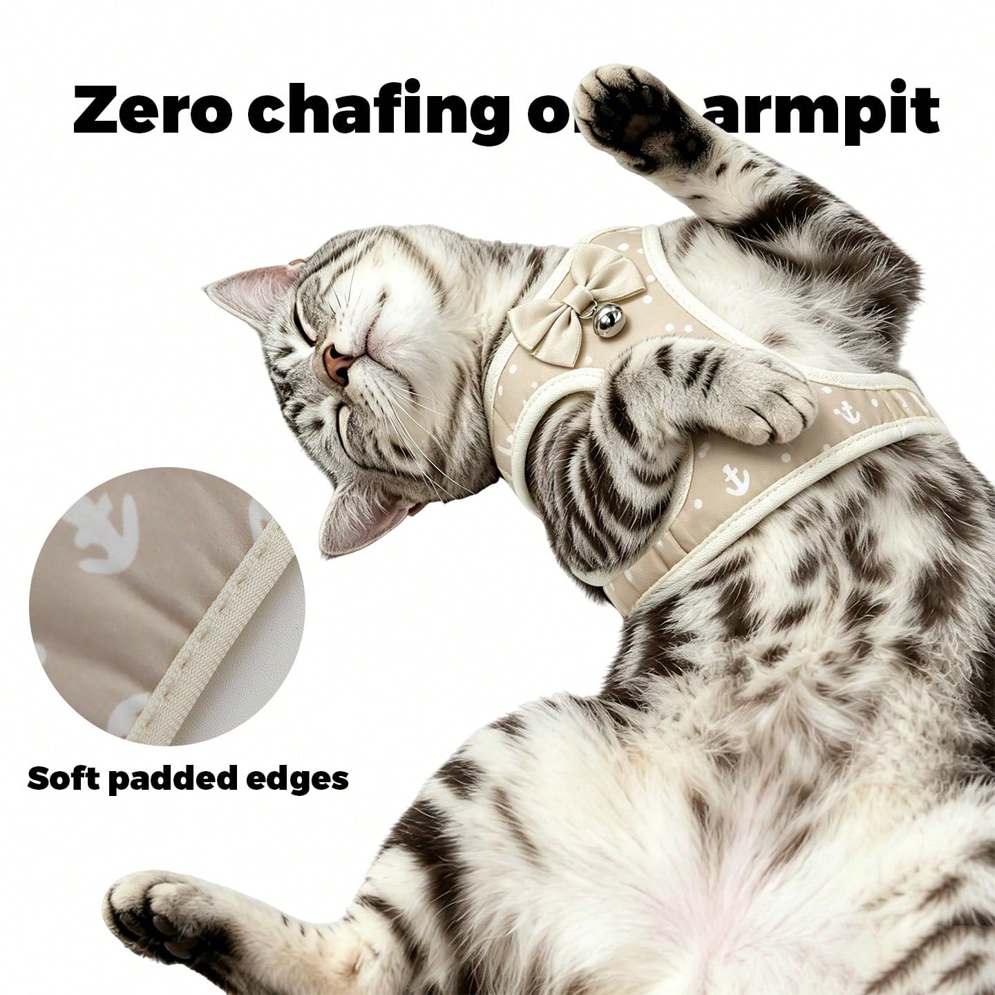 Beige anchor-shaped cat and dog leash and harness set with geometric graphic pattern, designed for small pets and made from polyester.