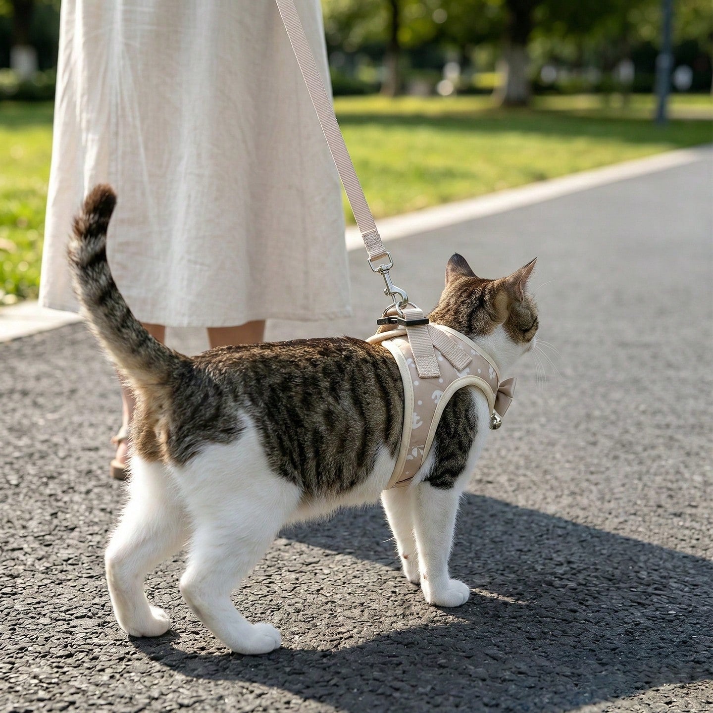 Beige anchor-shaped cat and dog leash and harness set with geometric graphic pattern, designed for small pets and made from polyester.