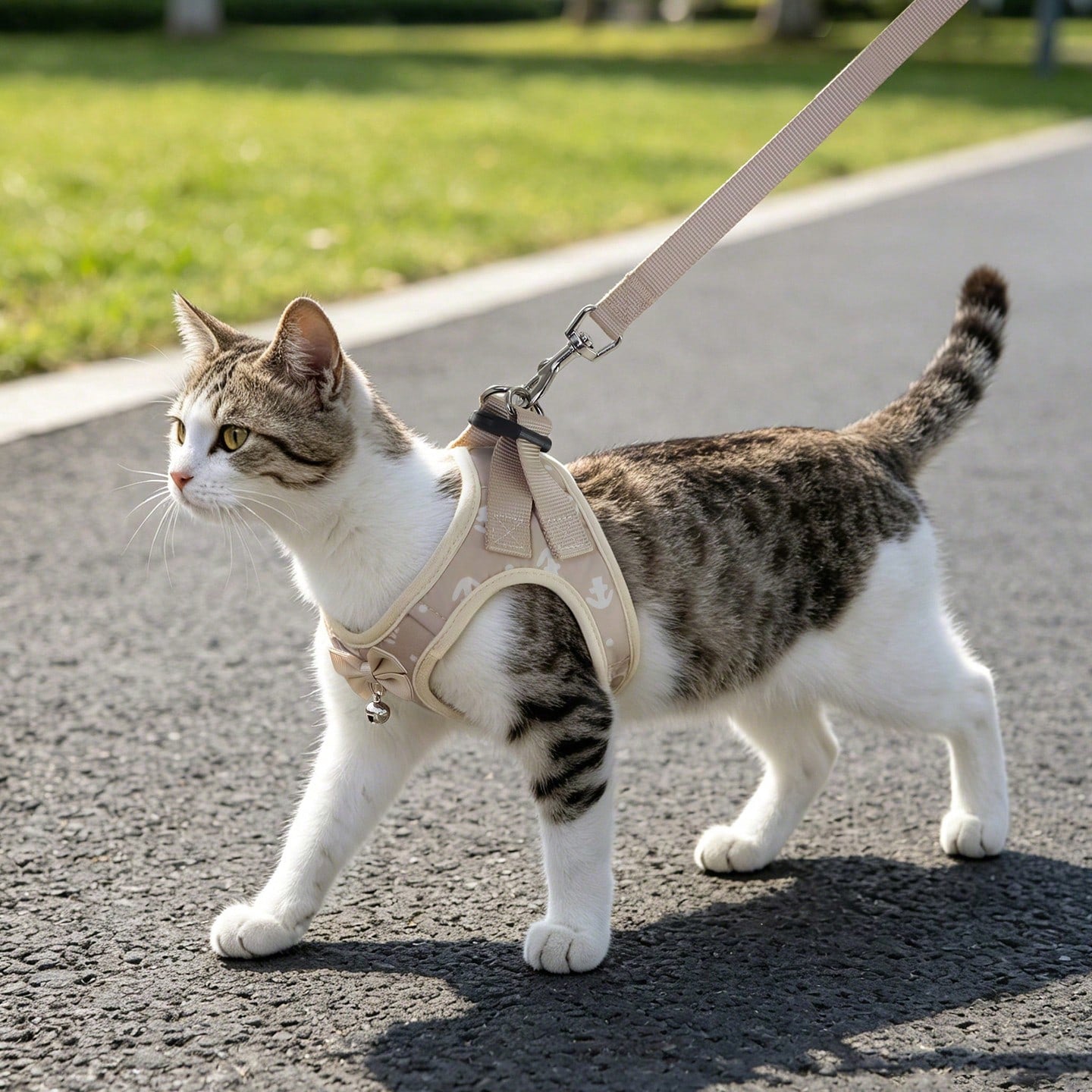 Beige anchor-shaped cat and dog leash and harness set with geometric graphic pattern, designed for small pets and made from polyester.