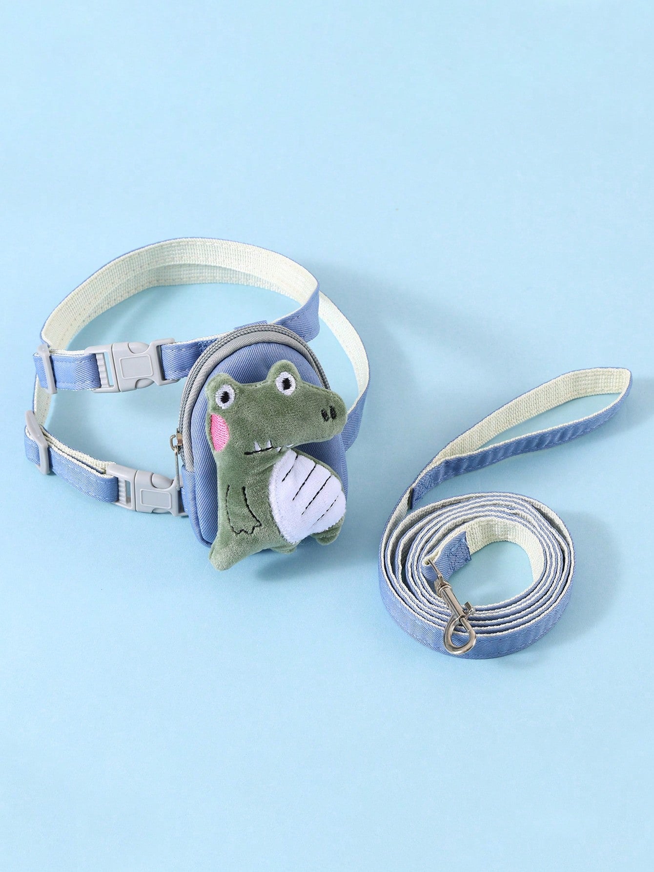 Multicolor cartoon 3D plush dinosaur pet harness and leash set with adjustable polyester harness, pouch, collar, leash, and keychain pendant for cats and dogs.