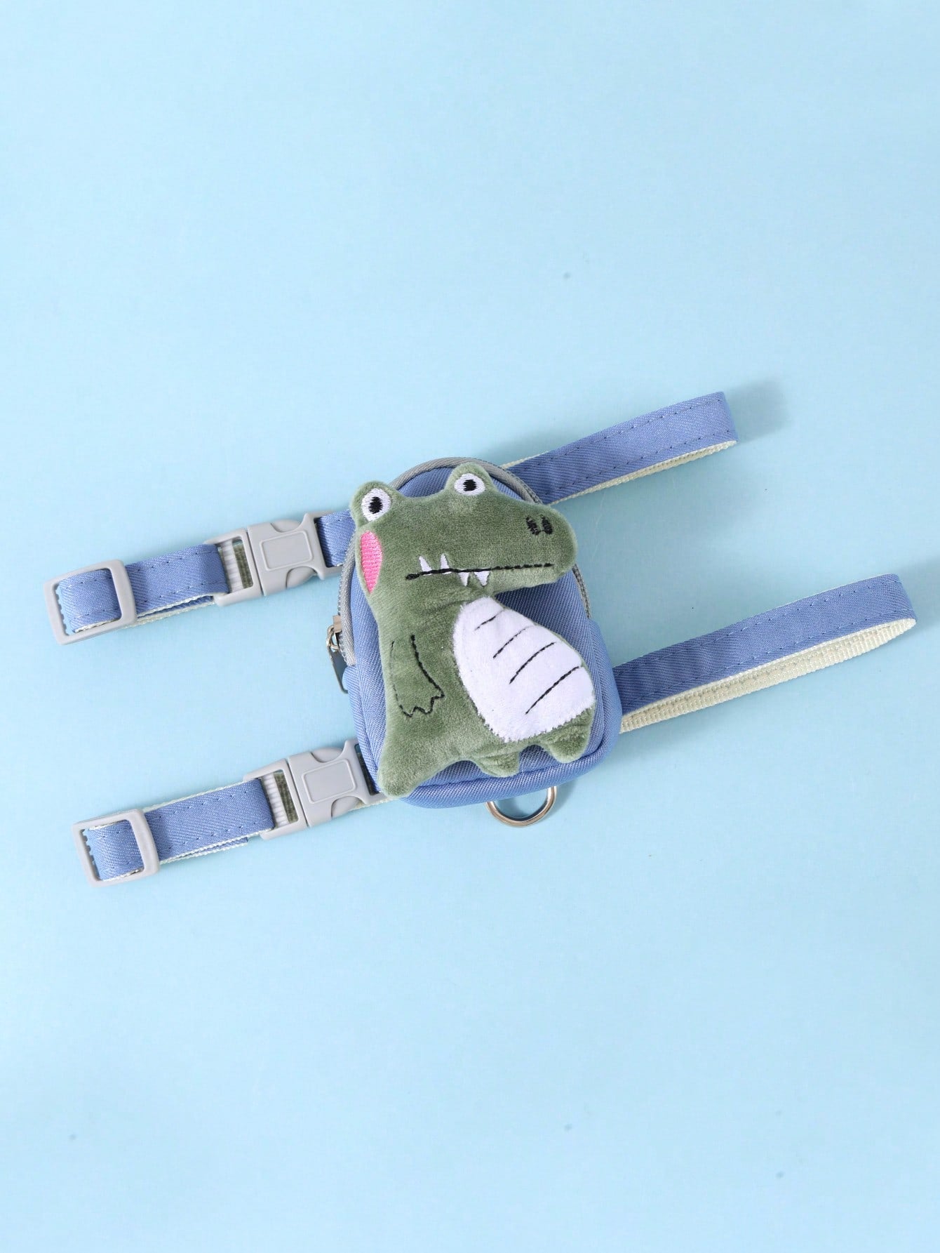 Multicolor cartoon 3D plush dinosaur pet harness and leash set with adjustable polyester harness, pouch, collar, leash, and keychain pendant for cats and dogs.