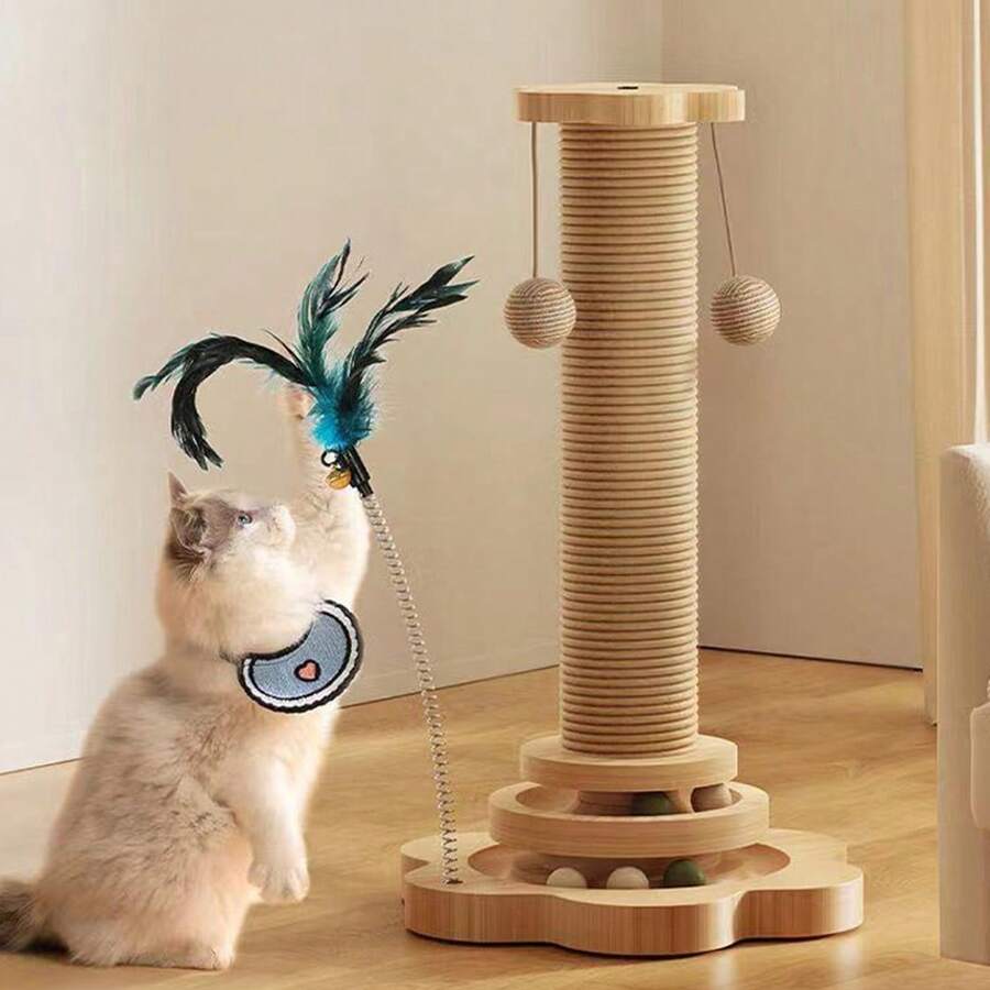 Solid wood vertical sisal cat scratching post climbing tree with interactive turntable toy
