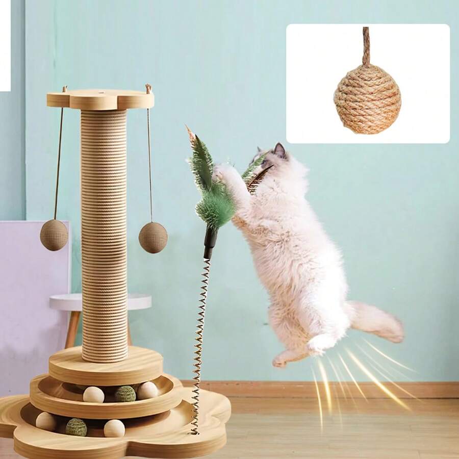 Solid wood vertical sisal cat scratching post climbing tree with interactive turntable toy