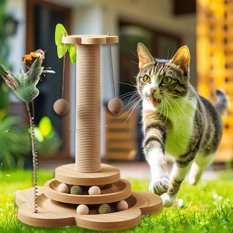 Solid wood vertical sisal cat scratching post climbing tree with interactive turntable toy