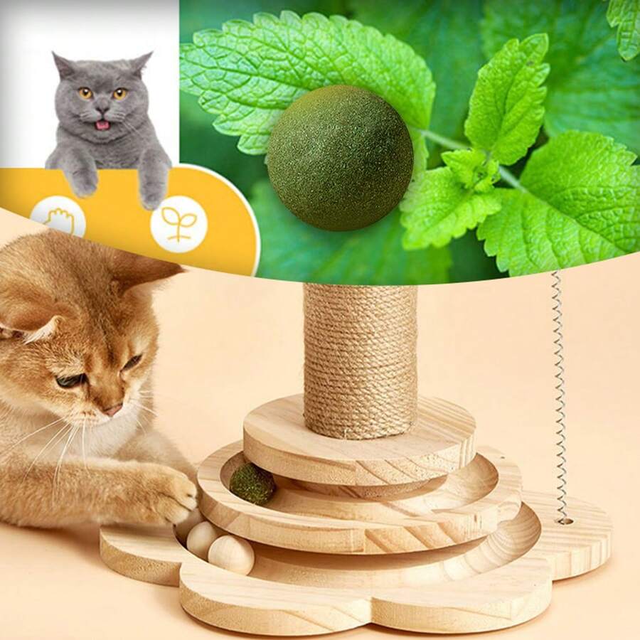Solid wood vertical sisal cat scratching post climbing tree with interactive turntable toy