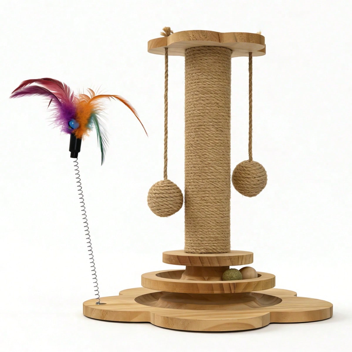 Solid wood vertical sisal cat scratching post climbing tree with interactive turntable toy