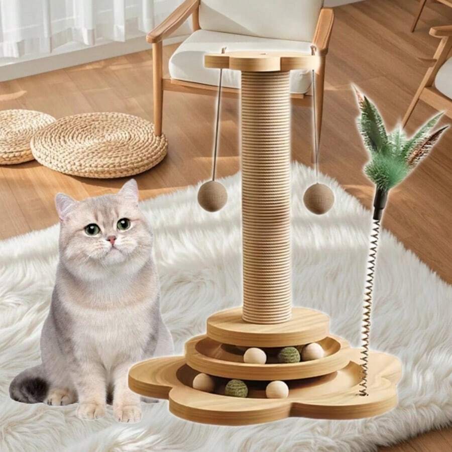 Solid wood vertical sisal cat scratching post climbing tree with interactive turntable toy