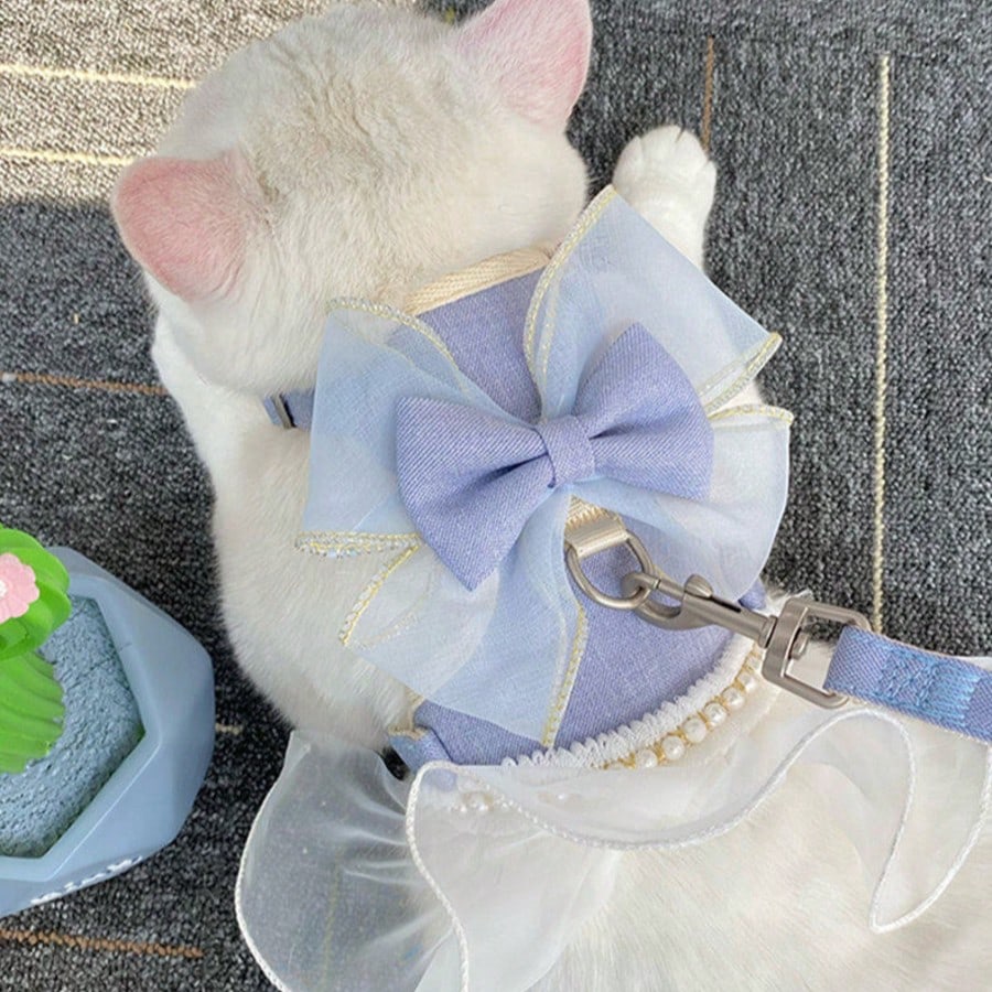 Pet Princess Style Tulle Dress Harness Leash Set, Pearl Lace Bow Vest Harness, Suitable For Small And Medium Cats And Dogs