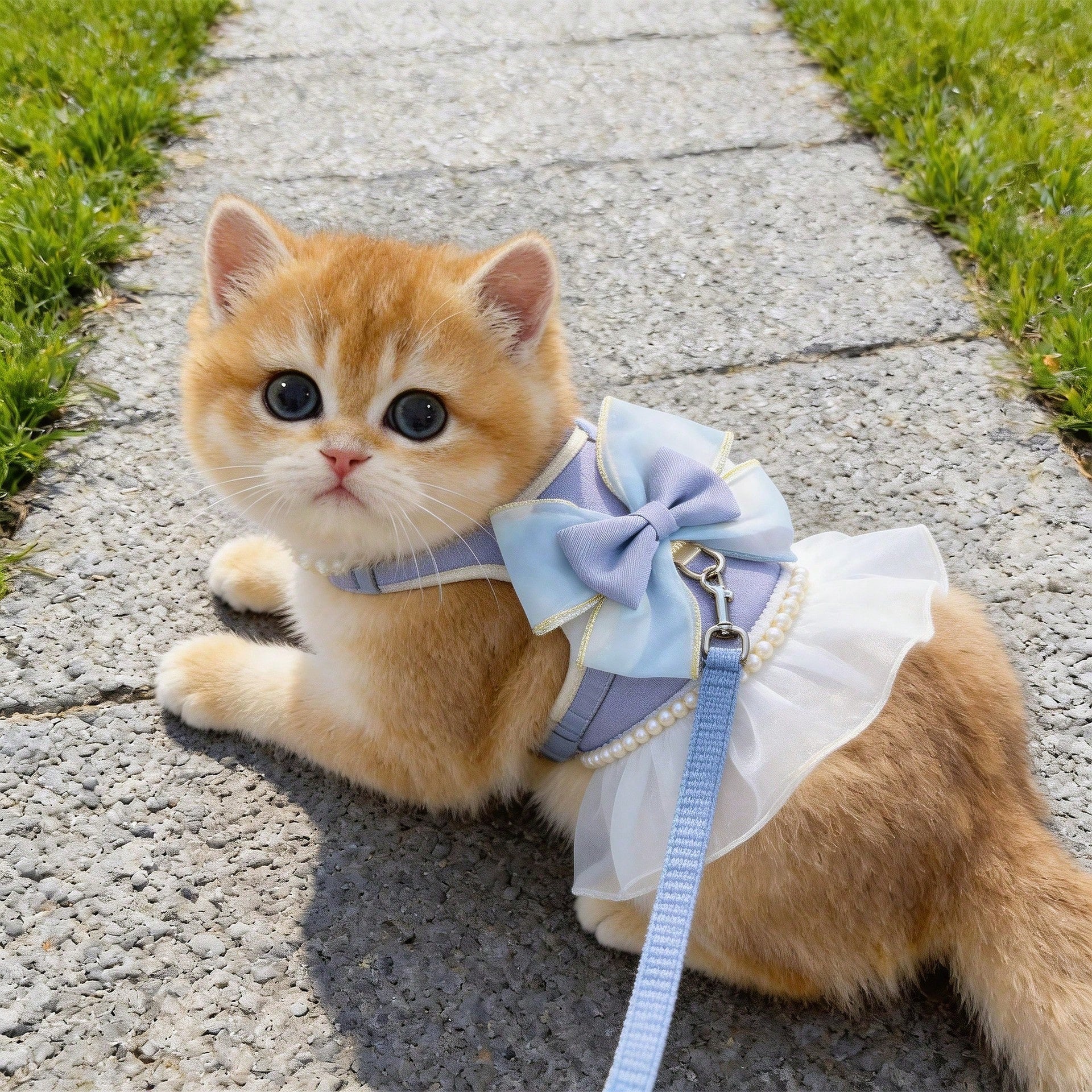 Pet Princess Style Tulle Dress Harness Leash Set, Pearl Lace Bow Vest Harness, Suitable For Small And Medium Cats And Dogs
