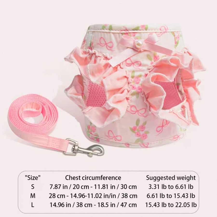 Pink polyester dog vest harness and leash set for small pets with bowknot, floral, pearl, and ruffle design plus safety snap buckle