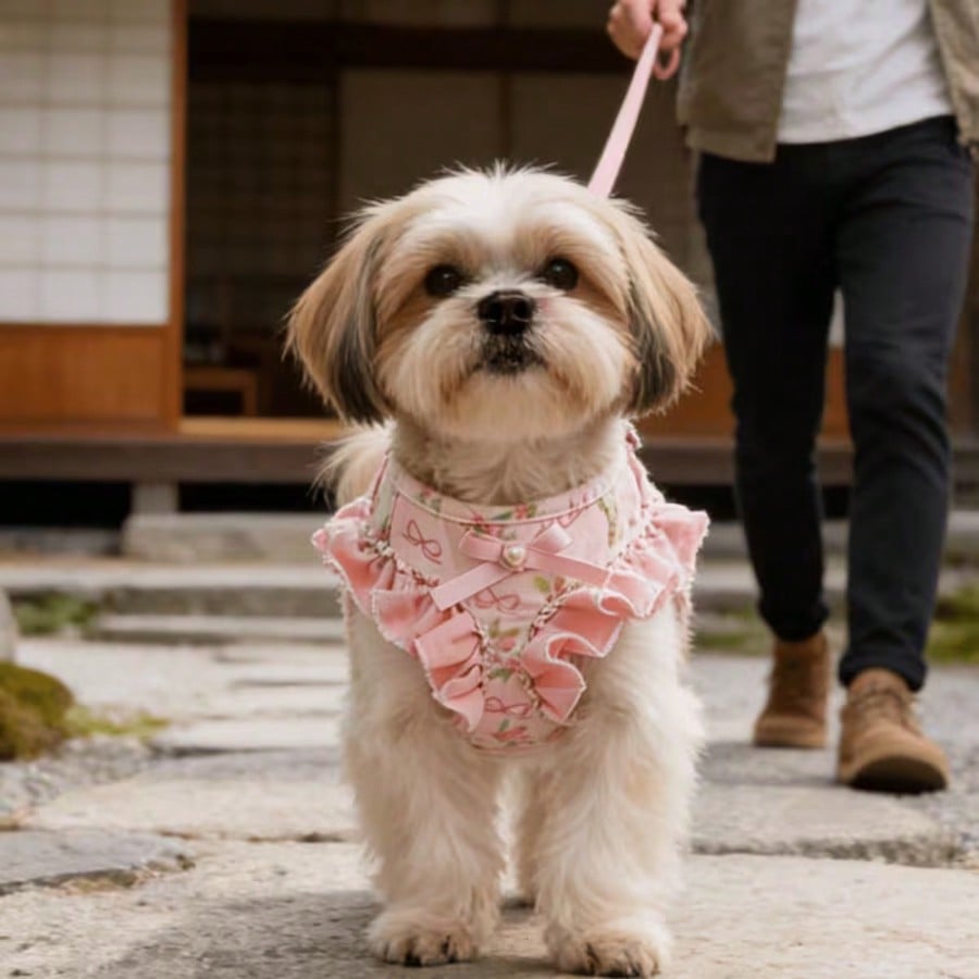 Pink polyester dog vest harness and leash set for small pets with bowknot, floral, pearl, and ruffle design plus safety snap buckle