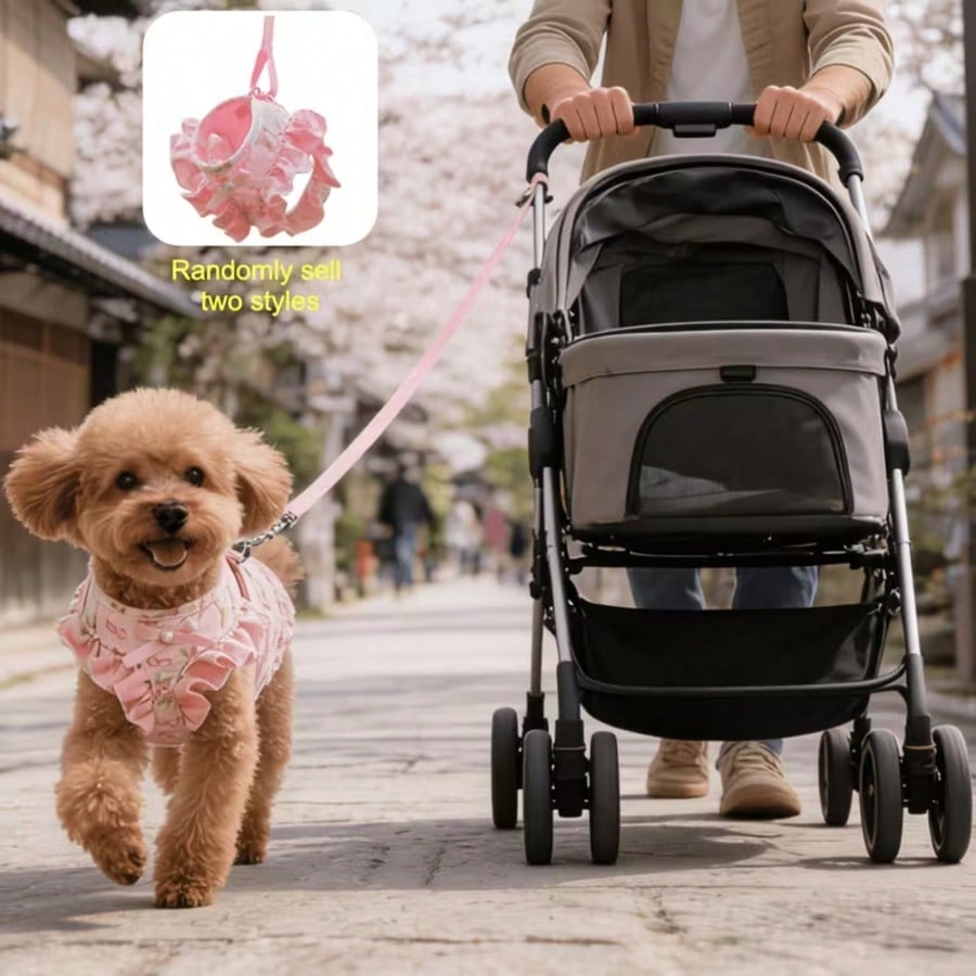 Pink polyester dog vest harness and leash set for small pets with bowknot, floral, pearl, and ruffle design plus safety snap buckle