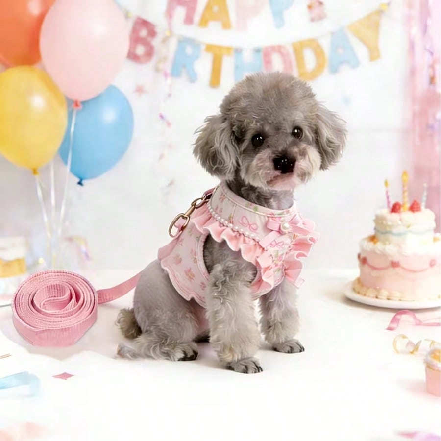 Pink polyester dog vest harness and leash set for small pets with bowknot, floral, pearl, and ruffle design plus safety snap buckle