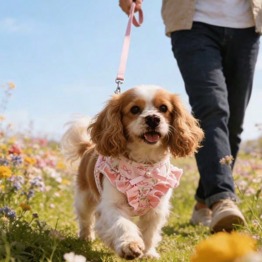 Pink polyester dog vest harness and leash set for small pets with bowknot, floral, pearl, and ruffle design plus safety snap buckle