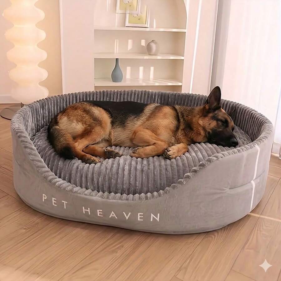 Grey washable oval pet calming bed with removable cover for dogs and cats