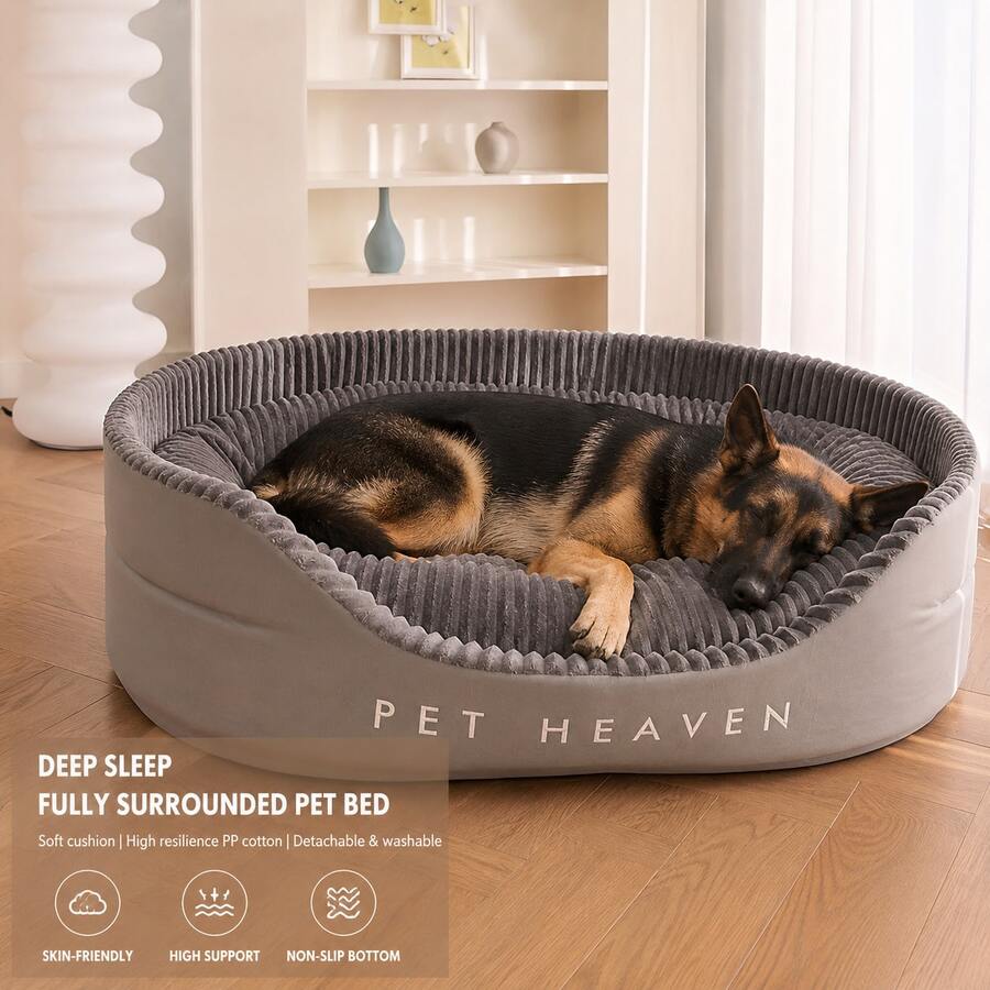 Grey washable oval pet calming bed with removable cover for dogs and cats