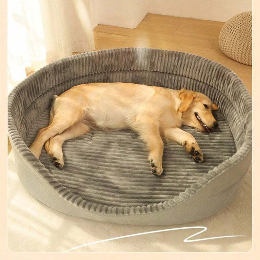Grey washable oval pet calming bed with removable cover for dogs and cats