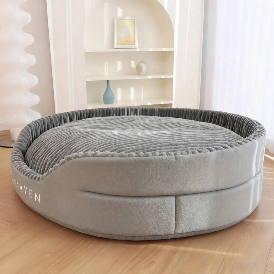 Grey washable oval pet calming bed with removable cover for dogs and cats