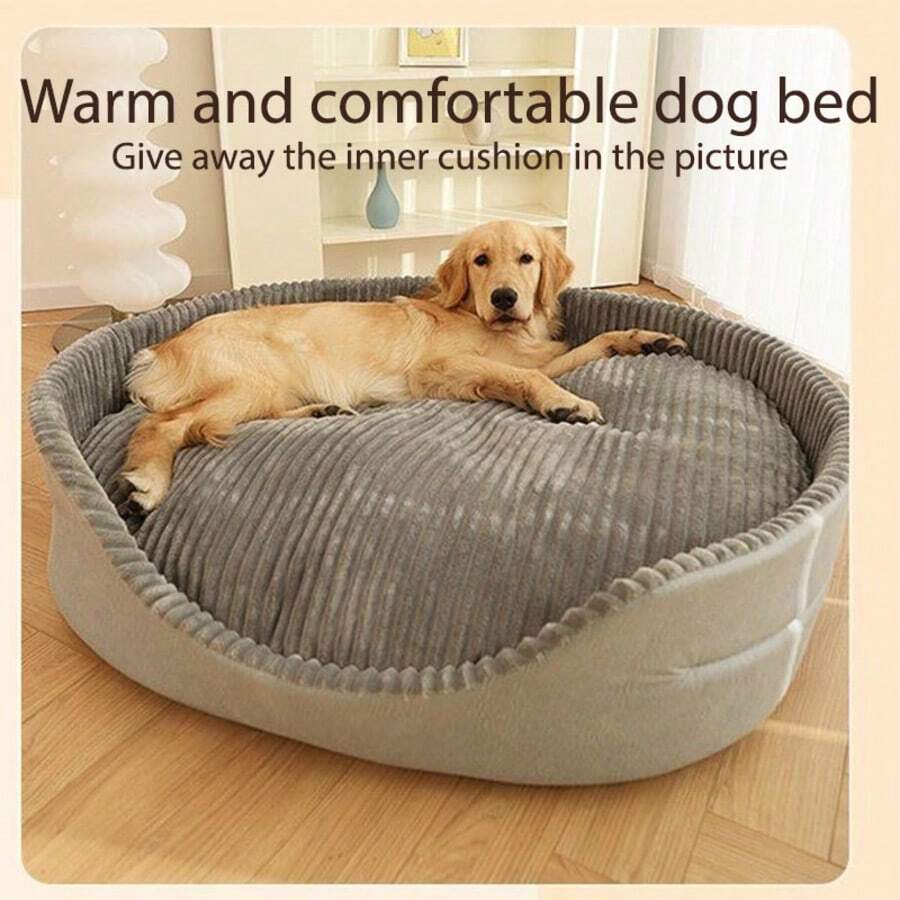 Grey washable oval pet calming bed with removable cover for dogs and cats