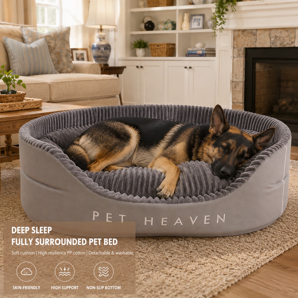 Grey washable oval pet calming bed with removable cover for dogs and cats
