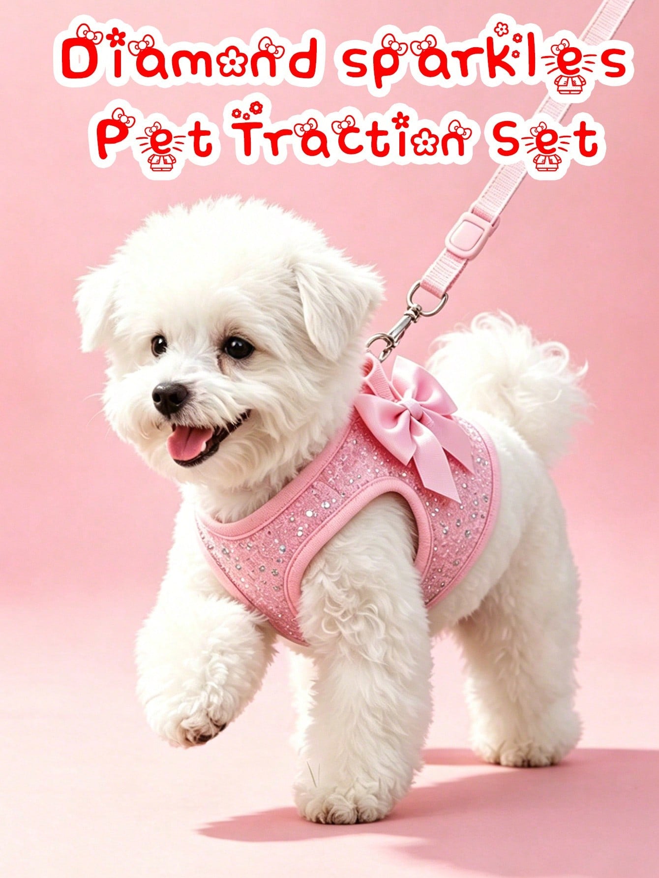 Pink adjustable polyester pet harness set for small dogs and cats with a plain design for walking and travel